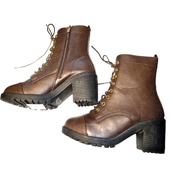NWT Forever 8.5 Brown Women's Combat Ankle Boots 3 Inch High Heel Shoe 8 1/2 New - Picture 2 of 8